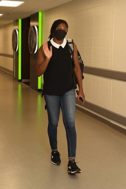 Jocelyn Willoughby of the New York Liberty arrives to the arena prior to the game against the Minnesota Lynx on August 15, 2021 at Target Center in...