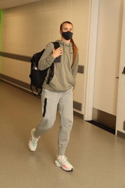 Sabrina Ionescu of the New York Liberty arrives to the arena prior to the game against the Minnesota Lynx on August 15, 2021 at Target Center in...