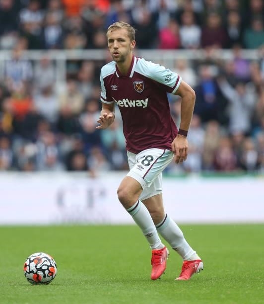 West Ham United's Tomas Soucek during the Premier League match between Newcastle United and West Ham United at St. James Park on August 14, 2021 in...