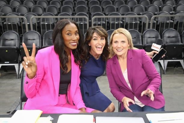 Analysts Lisa Leslie, Anne Marie Anderson and Lisa Byington pose after the Seattle Storm game against the Connecticut Sun with during the WNBA...