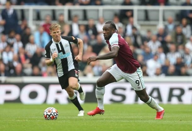 West Ham United's Michail Antonio during the Premier League match between Newcastle United and West Ham United at St. James Park on August 14, 2021...