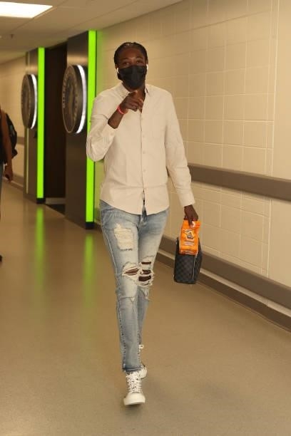 Natasha Howard of the New York Liberty arrives to the arena prior to the game against the Minnesota Lynx on August 15, 2021 at Target Center in...