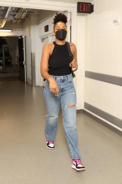 Damiris Dantas of the Minnesota Lynx arrives to the arena prior to the game against the New York Liberty on August 15, 2021 at Target Center in...