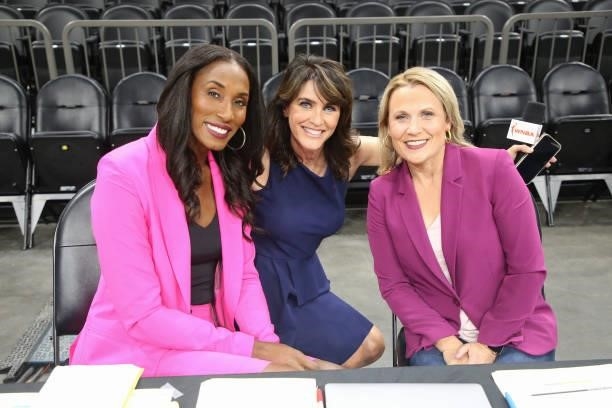 Analysts Lisa Leslie, Anne Marie Anderson and Lisa Byington pose after the Seattle Storm game against the Connecticut Sun with during the WNBA...
