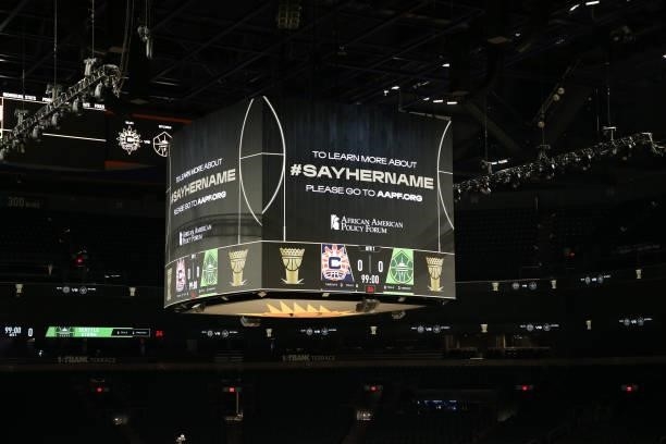 Say Her Name advertisement is displayed on the Jumbotron during the Seattle Storm game against the Connecticut Sun during the WNBA Commissioner's Cup...
