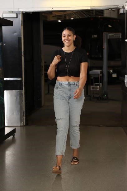 Natalie Achonwa of the Minnesota Lynx arrives to the arena prior to the game against the New York Liberty on August 15, 2021 at Target Center in...