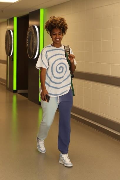 DiDi Richards of the New York Liberty arrives to the arena prior to the game against the Minnesota Lynx on August 15, 2021 at Target Center in...