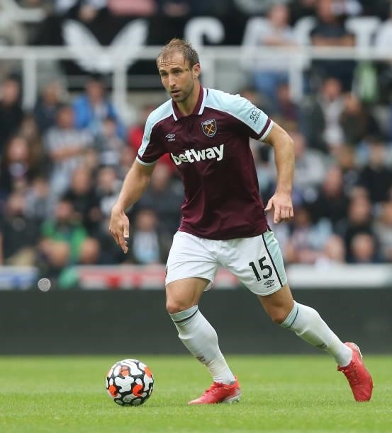 West Ham United's Craig Dawson during the Premier League match between Newcastle United and West Ham United at St. James Park on August 14, 2021 in...
