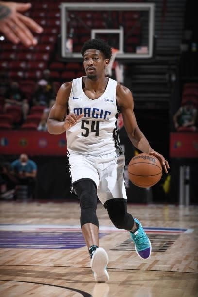 Jaire Grayer of the Orlando Magic handles the ball during the game against the Detroit Pistons during the 2021 Las Vegas Summer League on August 16,...