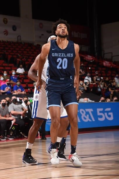 Olivier Sarr of the Memphis Grizzlies looks on during the game against the LA Clippers during the 2021 Las Vegas Summer League on August 16, 2021 at...