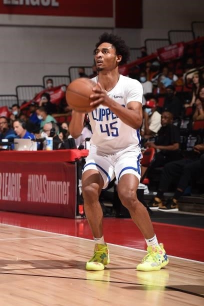 Keon Johnson of the LA Clippers looks on during the game against the Memphis Grizzlies during the 2021 Las Vegas Summer League on August 16, 2021 at...