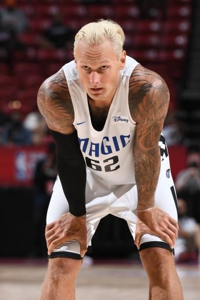 Janis Timma of the Orlando Magic looks on during the game against the Detroit Pistons during the 2021 Las Vegas Summer League on August 16, 2021 at...