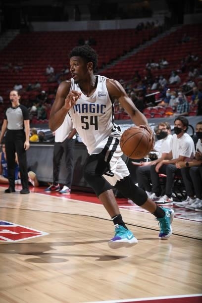 Jaire Grayer of the Orlando Magic handles the ball during the game against the Detroit Pistons during the 2021 Las Vegas Summer League on August 16,...