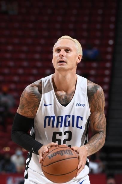 Janis Timma of the Orlando Magic shoots a free throw against the Detroit Pistons during the 2021 Las Vegas Summer League on August 16, 2021 at the...
