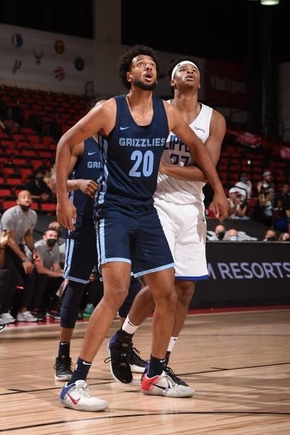 Olivier Sarr of the Memphis Grizzlies and Isaiah Hicks of the LA Clippers look on during the 2021 Las Vegas Summer League on August 16, 2021 at the...