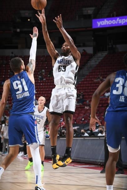 Shakur Juiston of the Orlando Magic shoots the ball against the Detroit Pistons during the 2021 Las Vegas Summer League on August 16, 2021 at the...