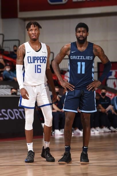Kerwin Roach II of the LA Clippers and Shaq Buchanan of the Memphis Grizzlies look on during the 2021 Las Vegas Summer League on August 16, 2021 at...