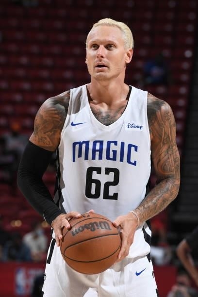 Janis Timma of the Orlando Magic shoots a free throw against the Detroit Pistons during the 2021 Las Vegas Summer League on August 16, 2021 at the...