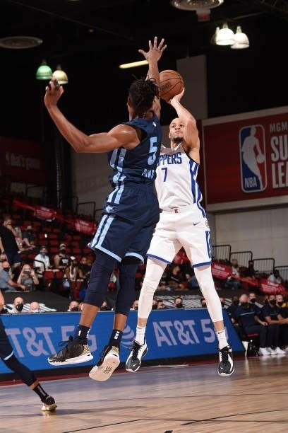 Amir Coffey of the LA Clippers shoots the ball during the game against the Memphis Grizzlies during the 2021 Las Vegas Summer League on August 16,...