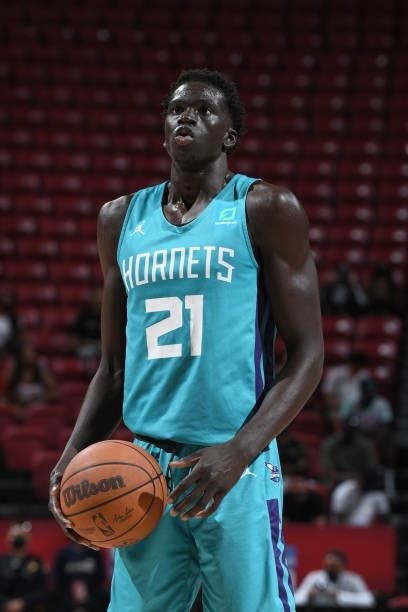 Xavier Sneed of the Charlotte Hornets looks to shoot a free throw against the Chicago Bulls during the 2021 Las Vegas Summer League on August 16,...