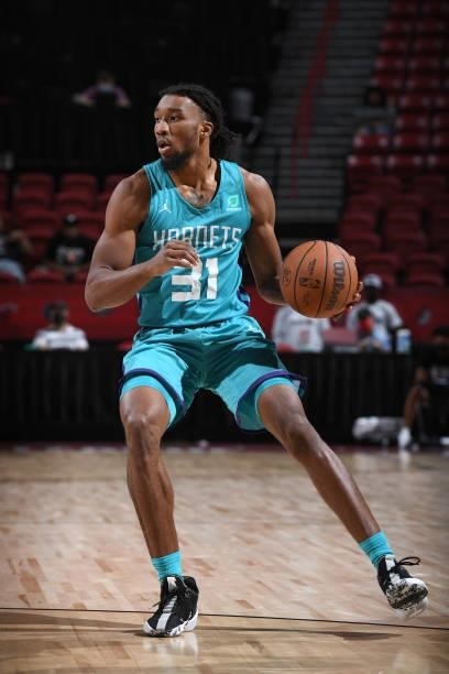 Xavier Sneed of Charlotte Hornets handles the ball during the game against the Chicago Bulls during the 2021 Las Vegas Summer League on August 16,...