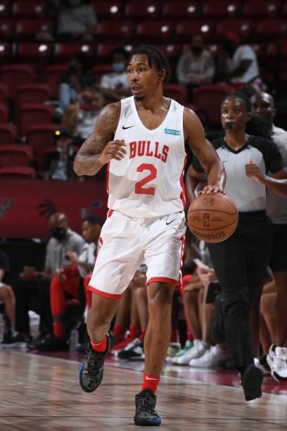 Jaylen Adams of the Chicago Bulls handles the ball during the game against the Charlotte Hornets during the 2021 Las Vegas Summer League on August...