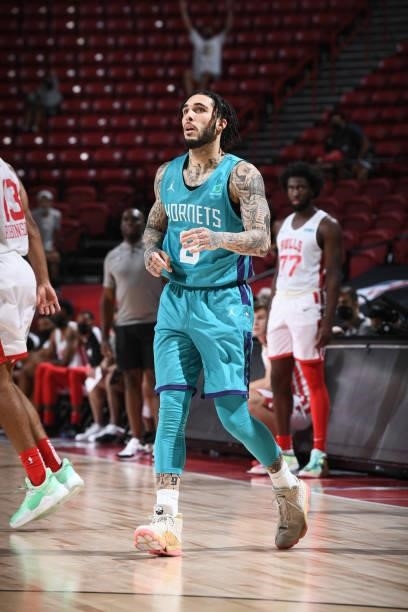 LiAngelo Ball of Charlotte Hornets looks on during the game against the Chicago Bulls during the 2021 Las Vegas Summer League on August 16, 2021 at...