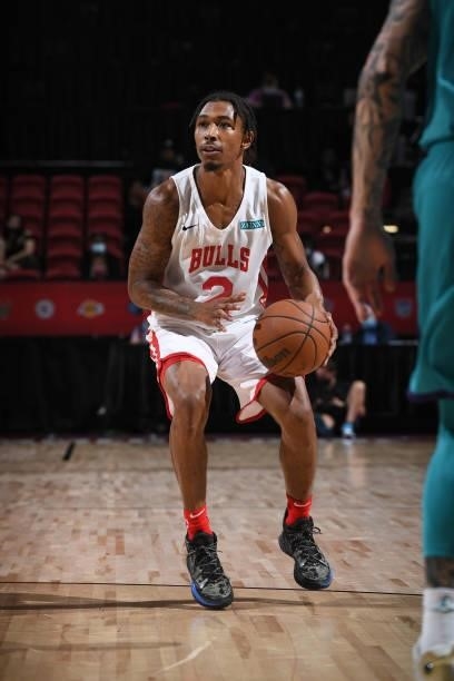 Jaylen Adams of the Chicago Bulls handles the ball during the game against the Charlotte Hornets during the 2021 Las Vegas Summer League on August...
