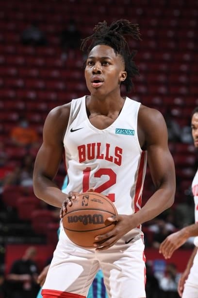 Ayo Dosunmu of the Chicago Bulls looks to shoot a free throw against the Charlotte Hornets during the 2021 Las Vegas Summer League on August 16, 2021...