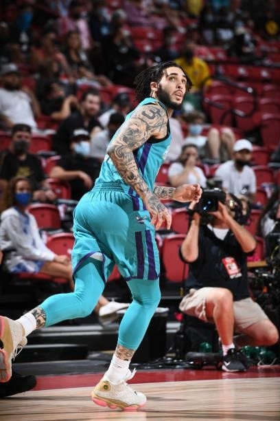 LiAngelo Ball of Charlotte Hornets looks on during the game against the Chicago Bulls during the 2021 Las Vegas Summer League on August 16, 2021 at...