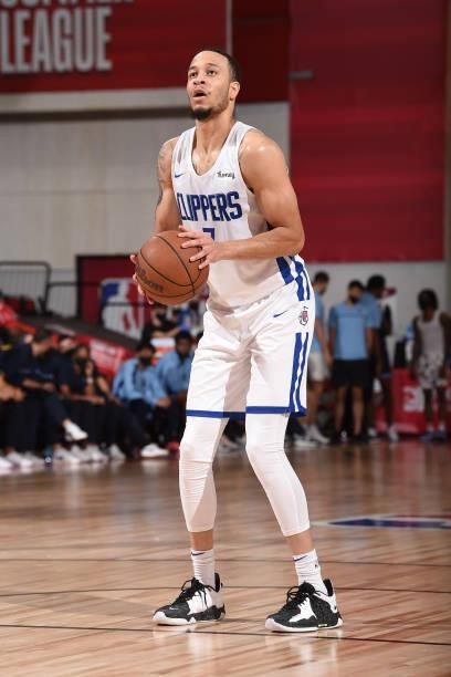 Amir Coffey of the LA Clippers looks on during the game against the Memphis Grizzlies during the 2021 Las Vegas Summer League on August 16, 2021 at...