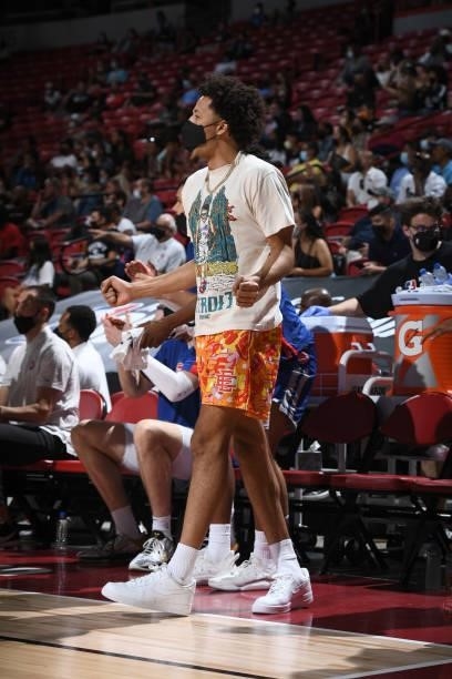 Cade Cunningham of the Detroit Pistons celebrates during the game against the Orlando Magic during the 2021 Las Vegas Summer League on August 16,...