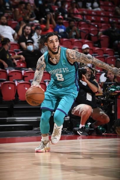 LiAngelo Ball of Charlotte Hornets handles the ball during the game against the Chicago Bulls during the 2021 Las Vegas Summer League on August 16,...