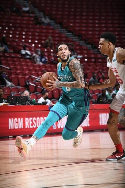 LiAngelo Ball of Charlotte Hornets drives to the basket against the Chicago Bulls during the 2021 Las Vegas Summer League on August 16, 2021 at the...