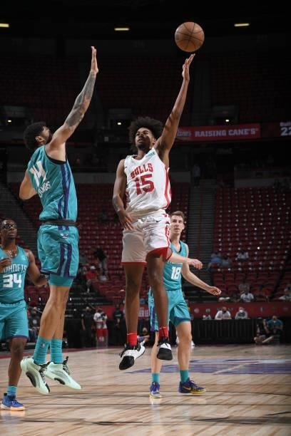 Ethan Thompson of the Chicago Bulls shoots the ball against the Charlotte Hornets during the 2021 Las Vegas Summer League on August 16, 2021 at the...