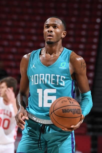 Scottie Lewis of Charlotte Hornets looks to shoot a free throw against the Chicago Bulls during the 2021 Las Vegas Summer League on August 16, 2021...