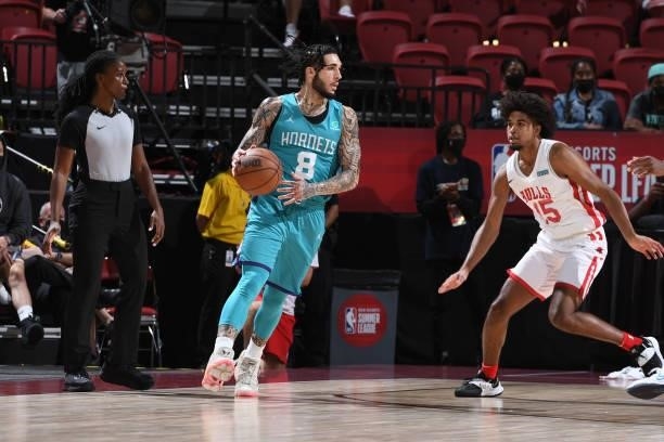 LiAngelo Ball of Charlotte Hornets handles the ball against the Chicago Bulls during the 2021 Las Vegas Summer League on August 16, 2021 at the...