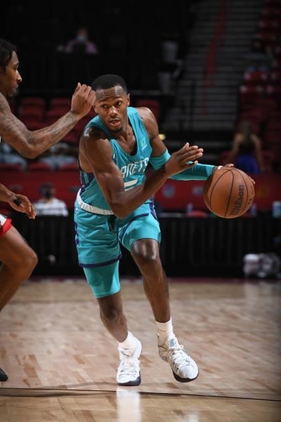 Scottie Lewis of Charlotte Hornets handles the ball against the Chicago Bulls during the 2021 Las Vegas Summer League on August 16, 2021 at the...
