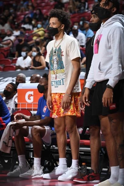 Cade Cunningham of the Detroit Pistons looks on during the game against the Orlando Magic during the 2021 Las Vegas Summer League on August 16, 2021...