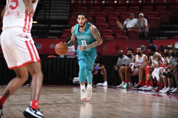 LiAngelo Ball of Charlotte Hornets dribbles the ball against the Chicago Bulls during the 2021 Las Vegas Summer League on August 16, 2021 at the...