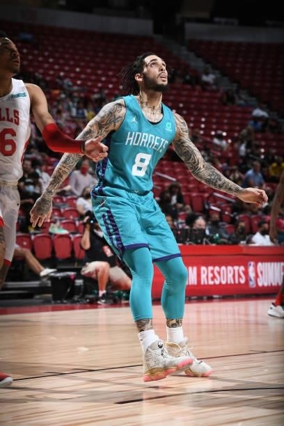LiAngelo Ball of Charlotte Hornets looks up during the game against the Chicago Bulls during the 2021 Las Vegas Summer League on August 16, 2021 at...