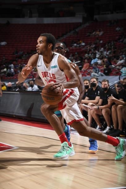 Jerome Robinson of the Chicago Bulls dribbles the ball against the Charlotte Hornets during the 2021 Las Vegas Summer League on August 16, 2021 at...