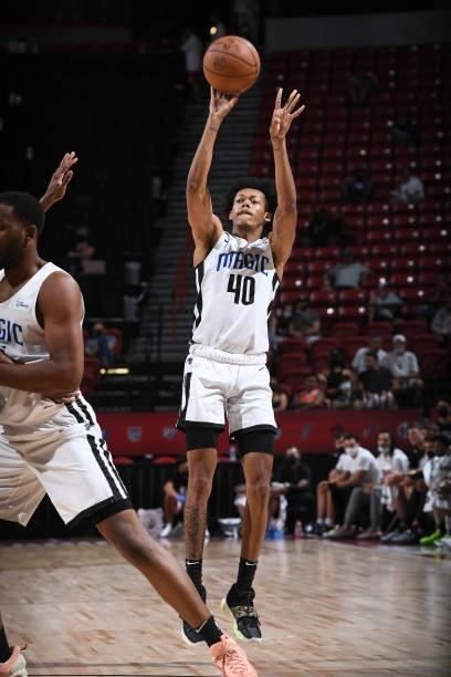 Jeff Dowtin of the Orlando Magic shoots the ball against the Detroit Pistons during the 2021 Las Vegas Summer League on August 16, 2021 at the Thomas...