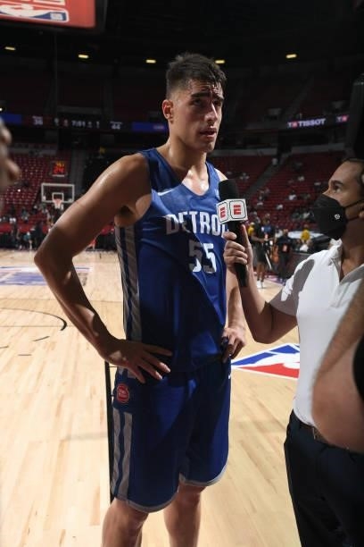 Luka Garza of Detroit Pistons is interviewed after the game against the Orlando Magic during the 2021 Las Vegas Summer League on August 16, 2021 at...
