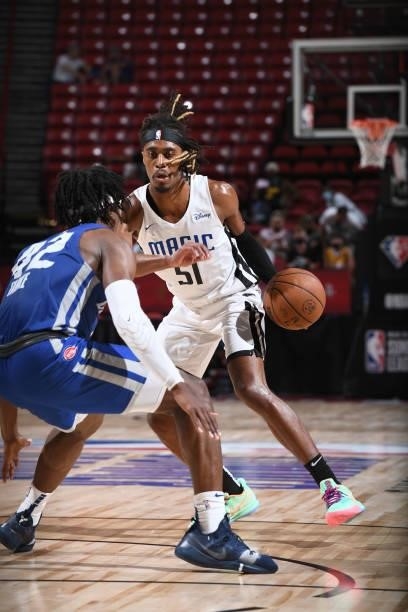 Tahjere McCall of the Orlando Magic handles the ball against the Detroit Pistons during the 2021 Las Vegas Summer League on August 16, 2021 at the...