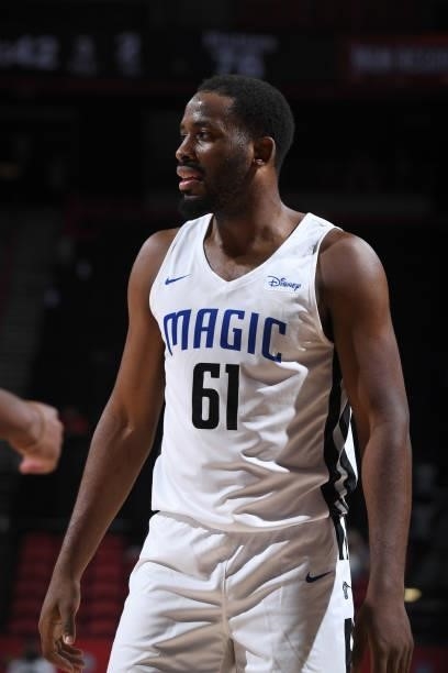Yante Maten of the Orlando Magic looks on during the game against the Detroit Pistons during the 2021 Las Vegas Summer League on August 16, 2021 at...