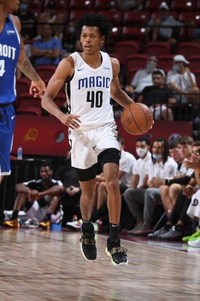 Jeff Dowtin of the Orlando Magic handles the ball during the game against the Detroit Pistons during the 2021 Las Vegas Summer League on August 16,...