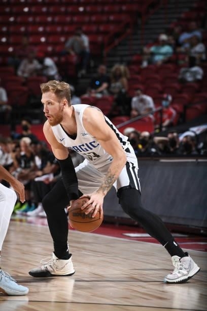 Ignas Brazdeikis of the Orlando Magic handles the ball during the game against the Detroit Pistons during the 2021 Las Vegas Summer League on August...