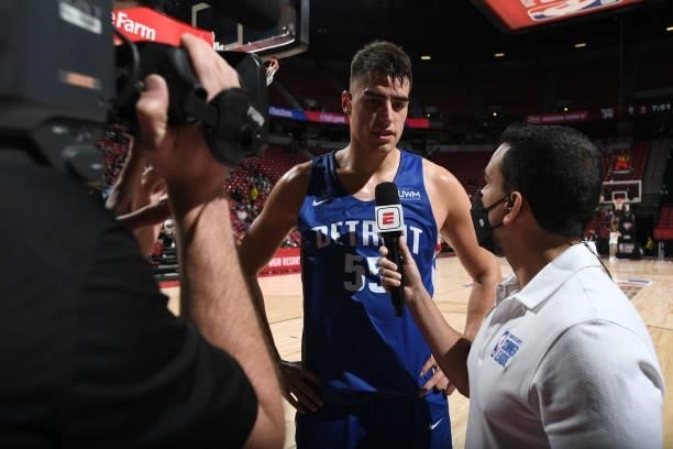 Luka Garza of Detroit Pistons is interviewed after the game against the Orlando Magic during the 2021 Las Vegas Summer League on August 16, 2021 at...