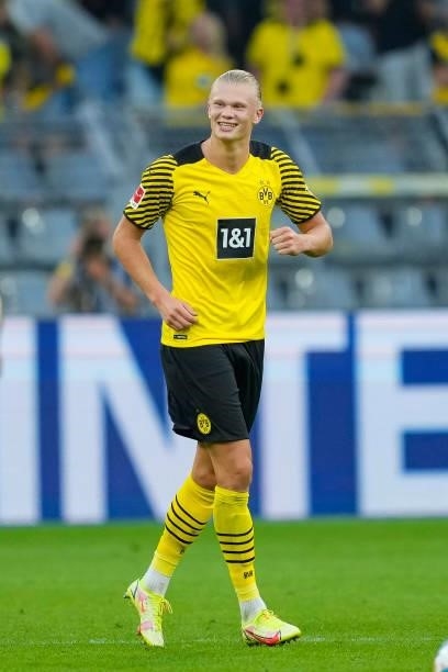 Erling Haaland of Borussia Dortmund celebrates after scoring his team's fifth goal during the Bundesliga match between Borussia Dortmund and...